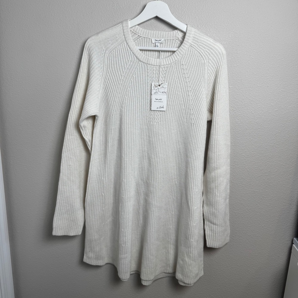 Splendid x Cella Jane Ribbed Tunic Sweater L Relaxed Ivory Cashmere Blend‎ NEW